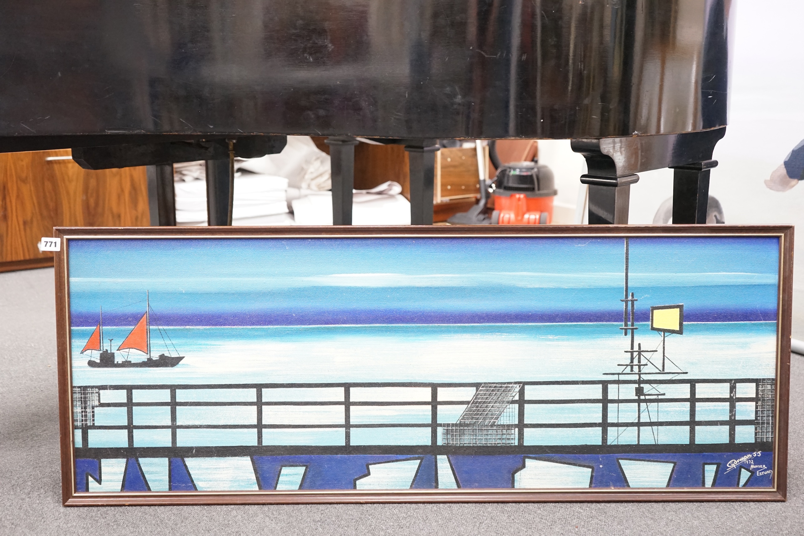 J. J. Gorman, acrylic on canvas board, 'Humber Estuary', signed and dated 1972, 44 x 124cm. Condition - good
